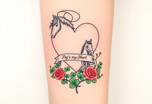 a big pale pink heart and a mare with wings and a halo and a colt in a field of green shamrocks, and red roses with a banner across the heart that says Peg 'o My Heart tattoo idea
