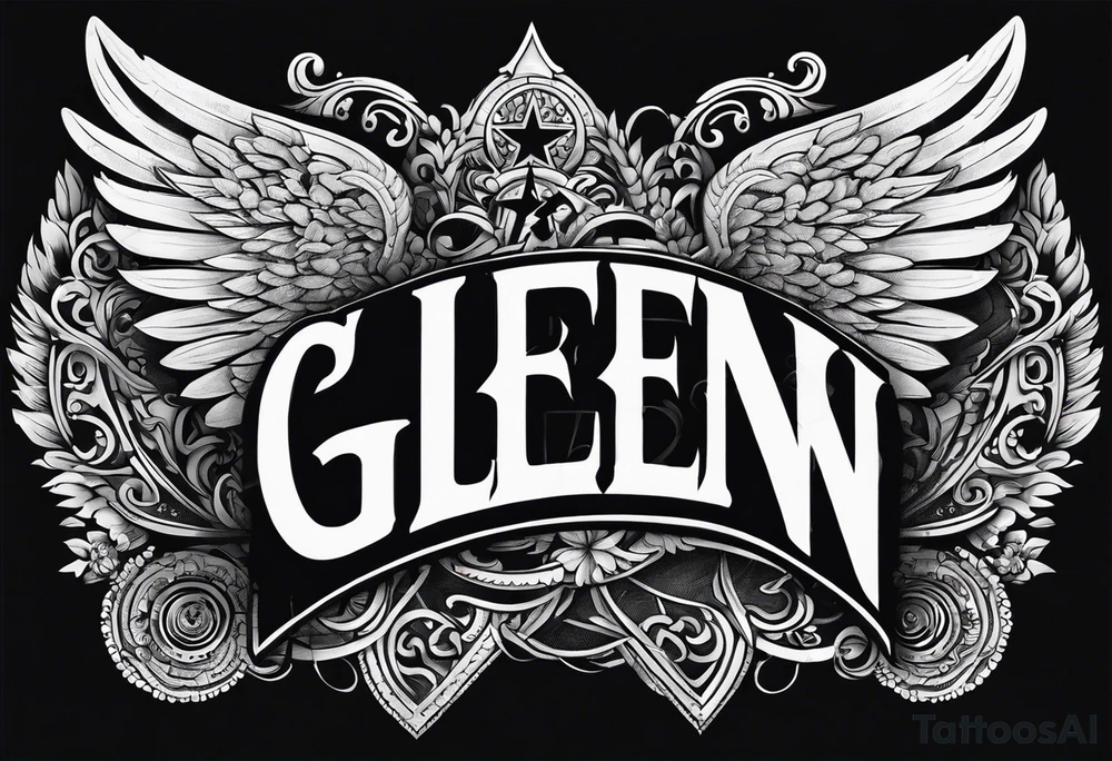 The word Glenn on a banner with angel Wings tattoo idea