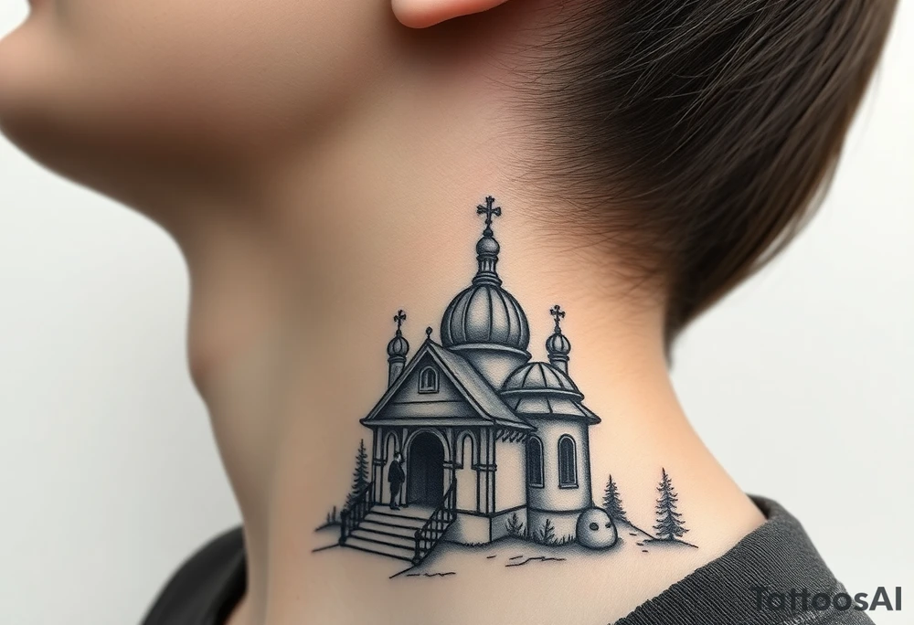 russian design traditional virgin mary stood beside the entrance of a russian orthodox dome church on the side of the neck in a wilderness setting with the design on the side of the neck tattoo idea