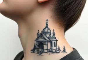 russian design traditional virgin mary stood beside the entrance of a russian orthodox dome church on the side of the neck in a wilderness setting with the design on the side of the neck tattoo idea