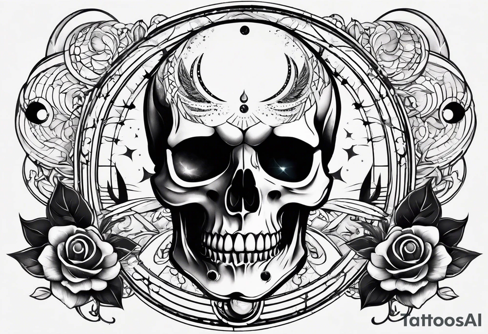 Simple Skull with third eye and dagger through it with the phases of the moon at the bottom endless spiral tattoo idea