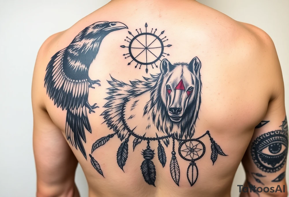 Native American 3/4 sleeve with black and grey realism featuring a raven, wild horses, a grizzly with scars over his eyes, and a dream catcher tattoo idea