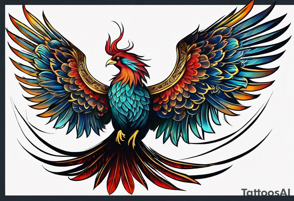 phoenix, 
chinese,

long tail,
elegant,
wing tips pointing down,
long neck,
long feathers,
in flight, tattoo idea