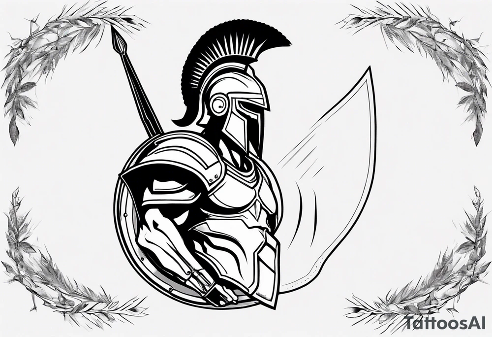 rectangular landscape format ultra-fine line linework vector of a spartan from the side, spartan spear, spartan shield, laurel wreath tattoo idea