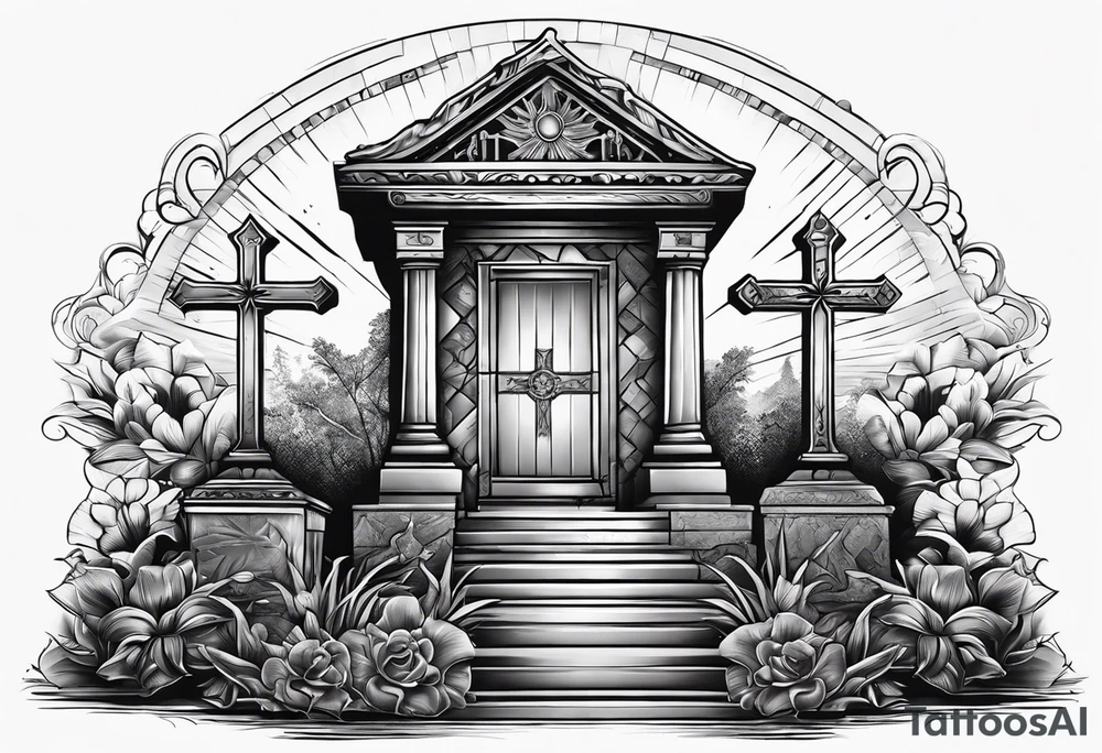 Tomb with cross and sun in the background tattoo idea