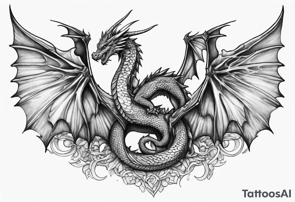 Mother dragon wings spread with 3 baby dragons tattoo idea
