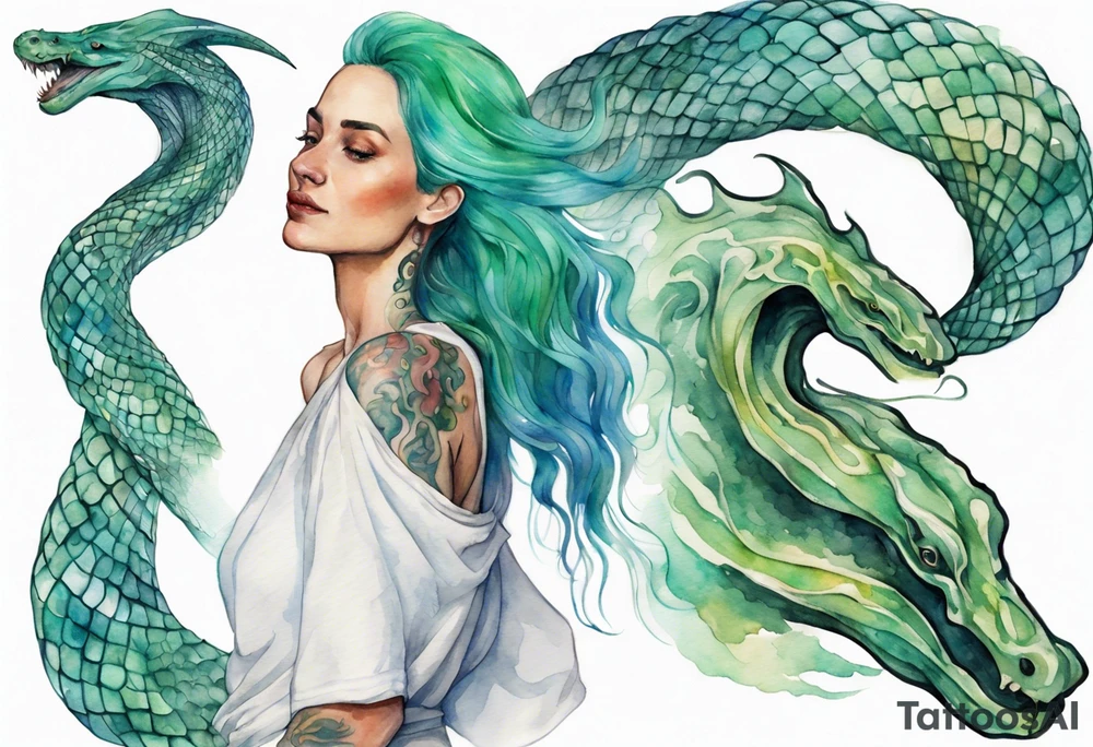 a watercolor of a sea serpent next to a woman with blue-green hair wearing a white tunic tattoo idea