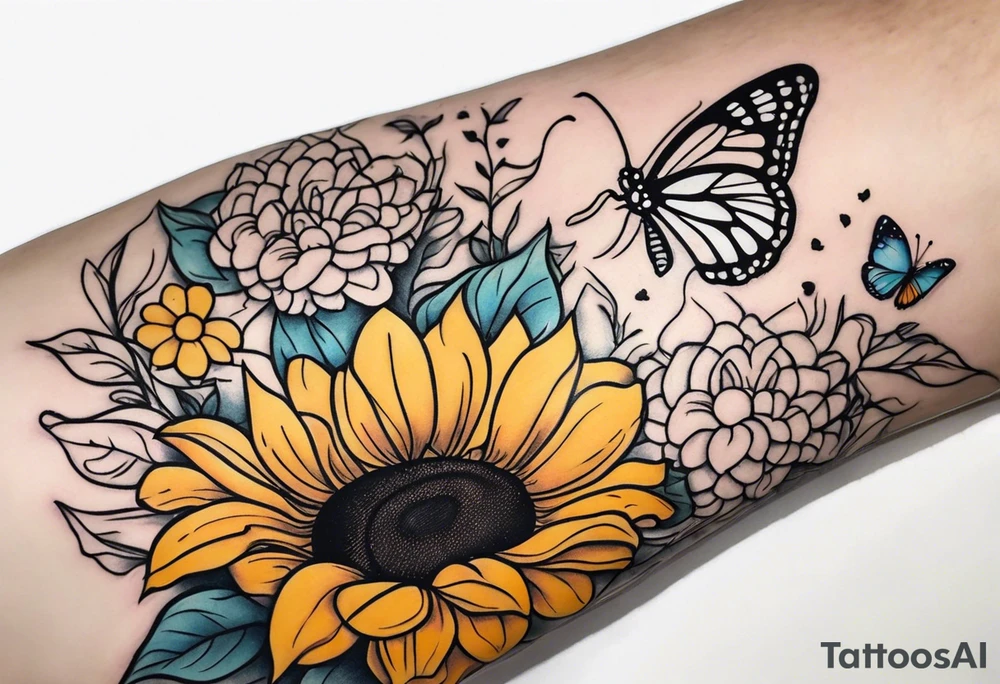 Arm sleeve with sunflowers and butterflies tattoo idea