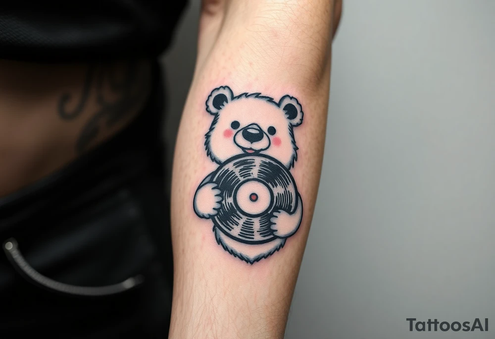 happy cartoon bear holding a vinyl record tattoo idea