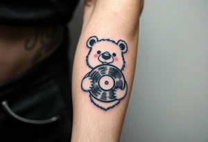 happy cartoon bear holding a vinyl record tattoo idea