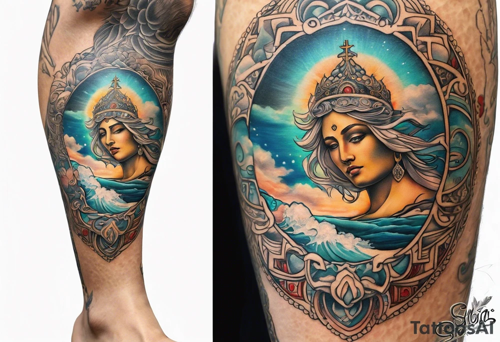 Leg sleeve with God on top representing god over everything, lower on the leg show things like money, drinking, something beachy, cards tattoo idea