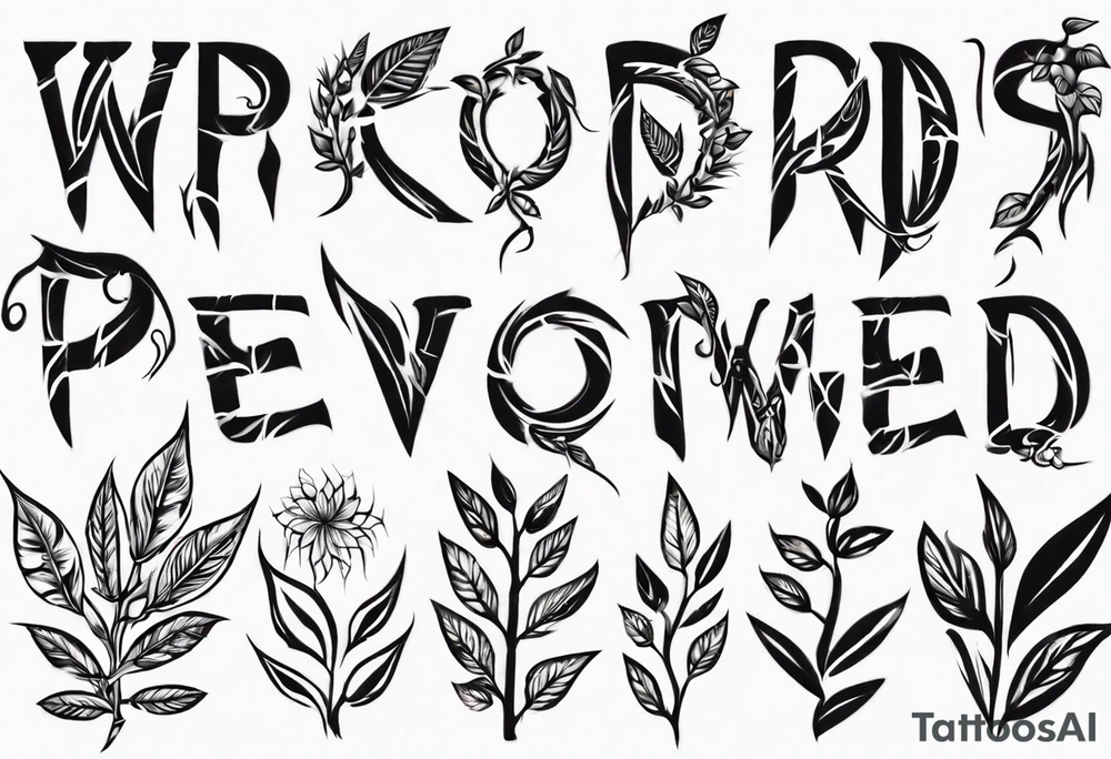 Words “Plant Powered” spelled out with plants and vines through out the words tattoo idea