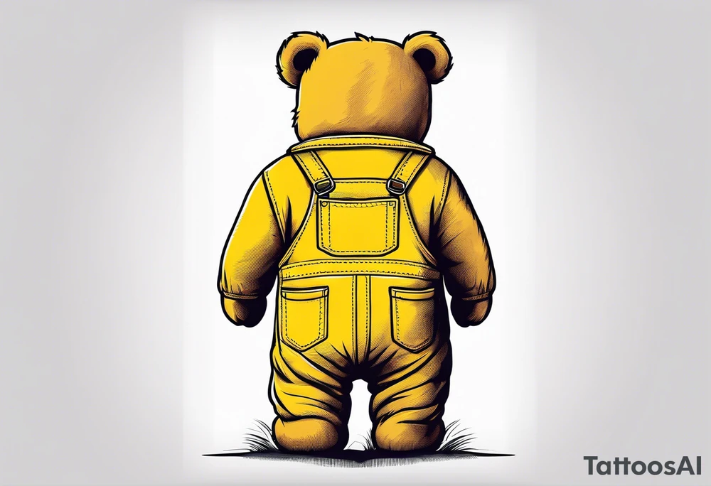 the back of a standing teddy bear in yellow overalls tattoo idea