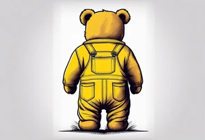 the back of a standing teddy bear in yellow overalls tattoo idea