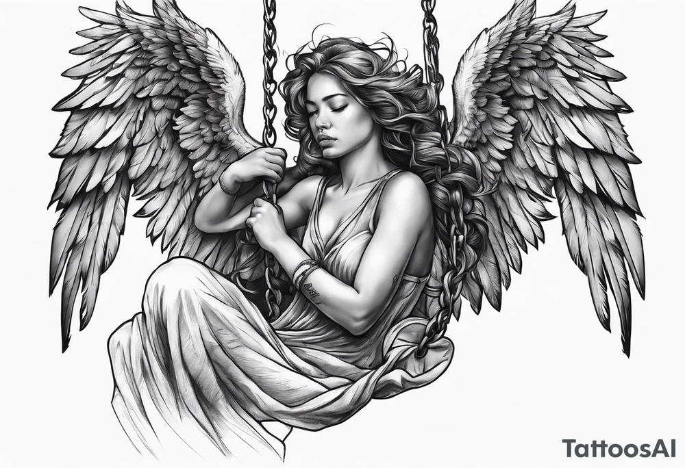 crying broken angel on swing tattoo idea