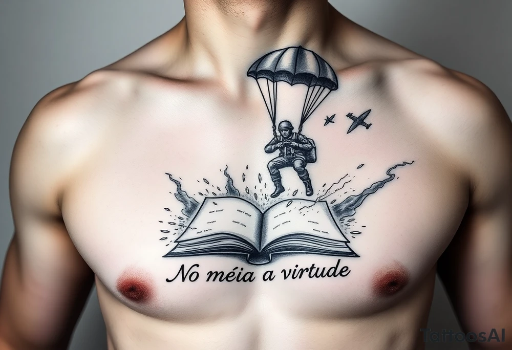 A parachuting soldier landing into an open book. Chaos surrounding, but the book is protecting the soldier from it. On the chest. Make the tattoo smaller. Make it thought provoking. "No meio esta a virtude" underneath the book. Make the chaos in the environment be a thunderstorm tattoo idea