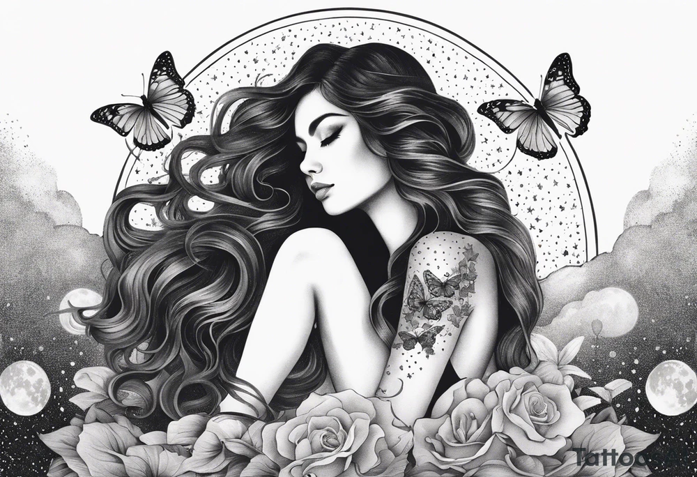 Beautiful woman with butterflies in her long wavy hair sitting on a half moon, with a moon and star background tattoo idea