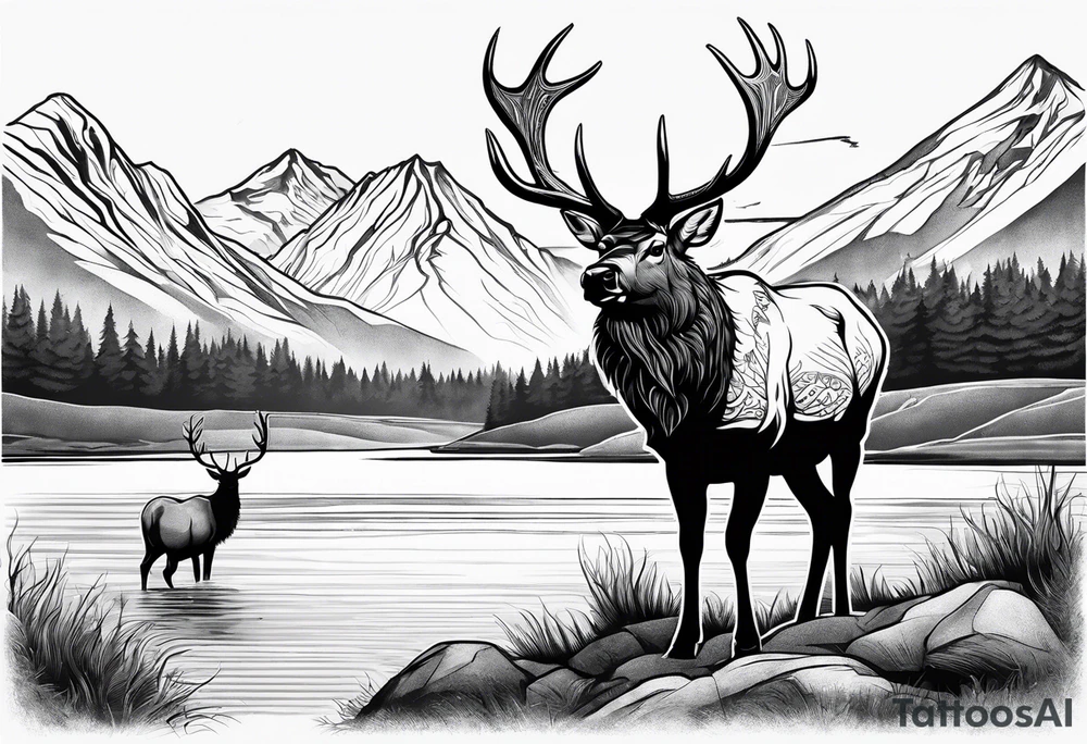 elk with mountains and lake tattoo idea