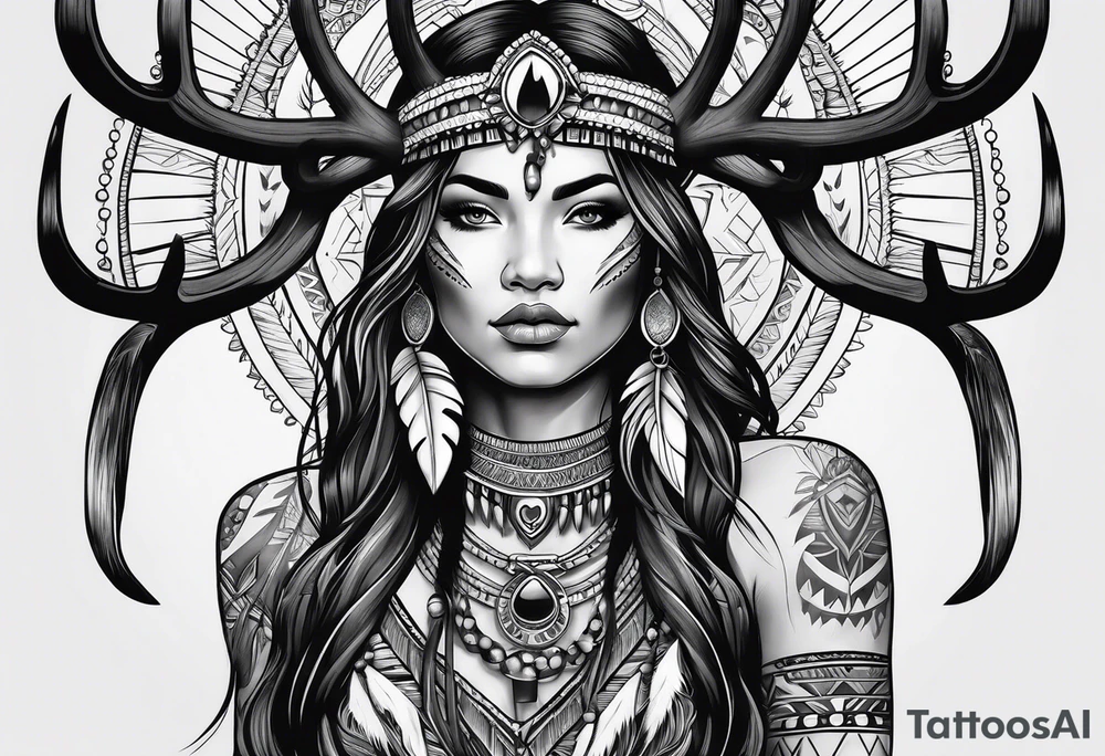 Native American woman with deer antlers tattoo idea