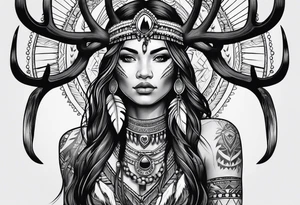 Native American woman with deer antlers tattoo idea