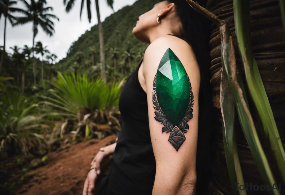 Tattoo: A striking Gachala emerald sits at the base of a tall quindio wax palm, which grows resiliently from cracks in rugged, rocky soil. The emerald is the main focal point, symbolizing strength and endurance, while the wax palm, rooted in the soil’s crevices, represents growth and resilience. A small water stream flows gently from the rocks, adding an element of life and nourishment tattoo idea
