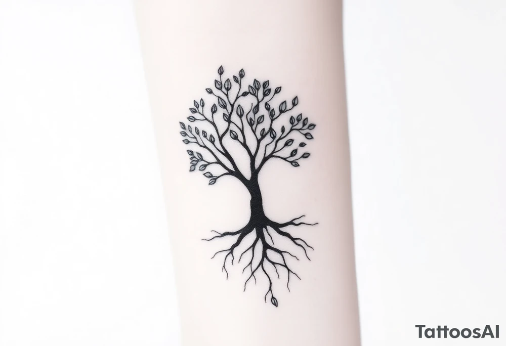 A tree with few leaves, with an outward spiral (moving to the right), as its roots, encircling the entire tree tattoo idea