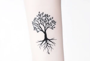 A tree with few leaves, with an outward spiral (moving to the right), as its roots, encircling the entire tree tattoo idea