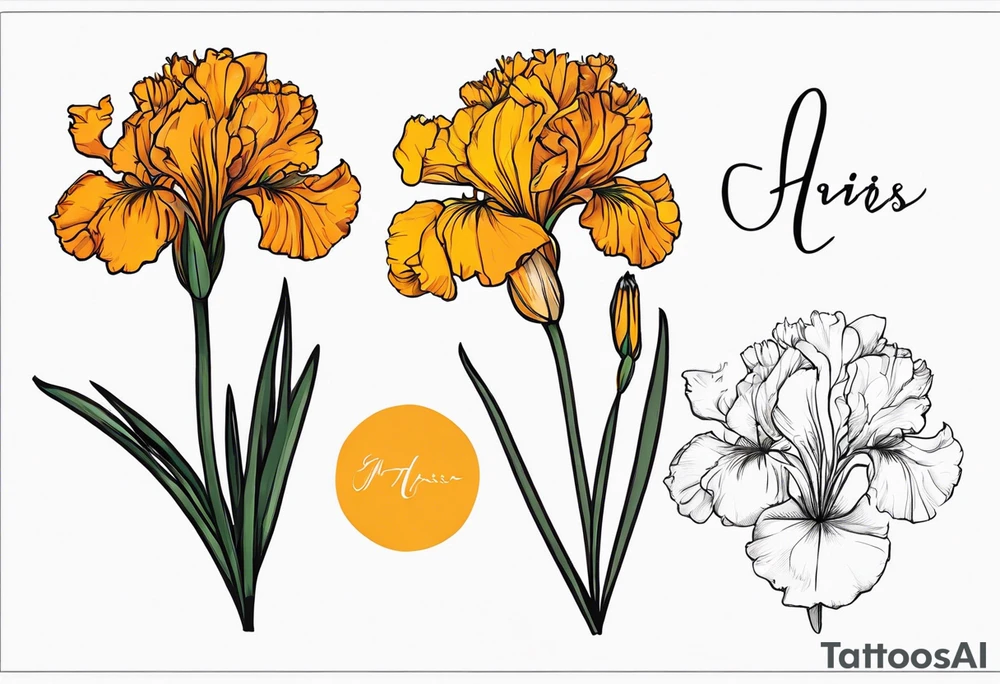 The names heather and Tayah as the stem of a marigold and a iris flowers tattoo idea