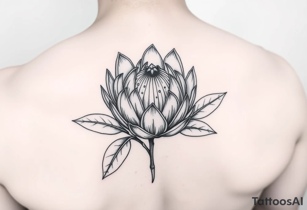 Protea flower with leafs tattoo idea
