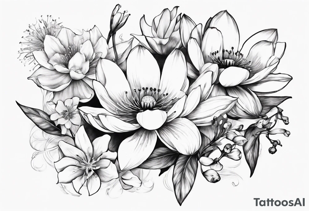 Make a tattoo with Cosmos flower, lily Of the valley, water lily, snow drop, and morning glory tattoo idea