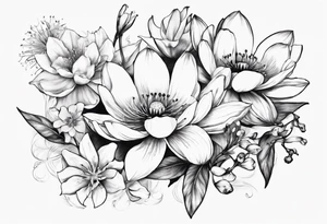 Make a tattoo with Cosmos flower, lily Of the valley, water lily, snow drop, and morning glory tattoo idea