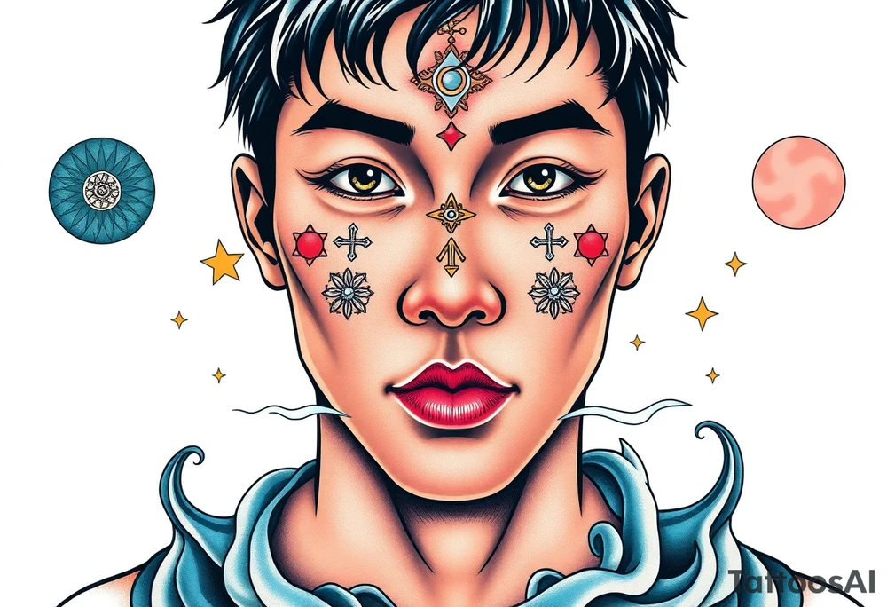 Handsome Asian young guy is drowning symbols on his face tattoo idea