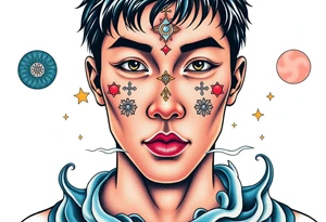 Handsome Asian young guy is drowning symbols on his face tattoo idea