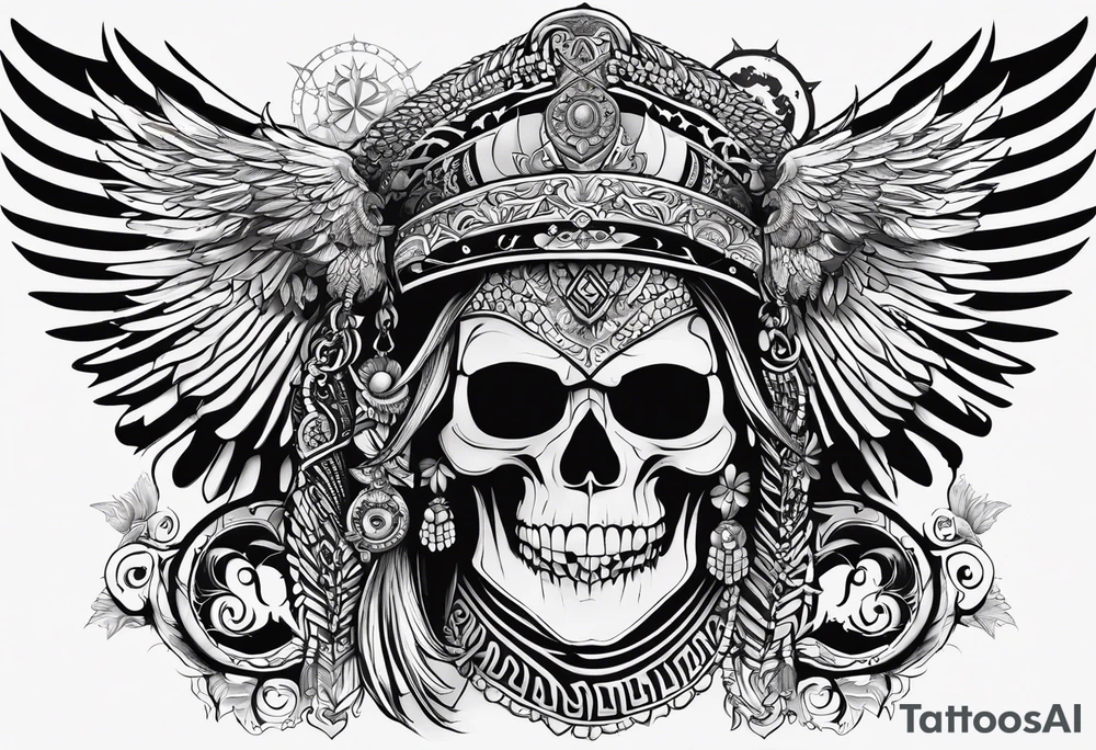 black kali, goddess pirate, alien, pachamama, valkrye, warrior, skull, lotus azul, wing, eagle, zenza resonance, stars, 5D tattoo idea