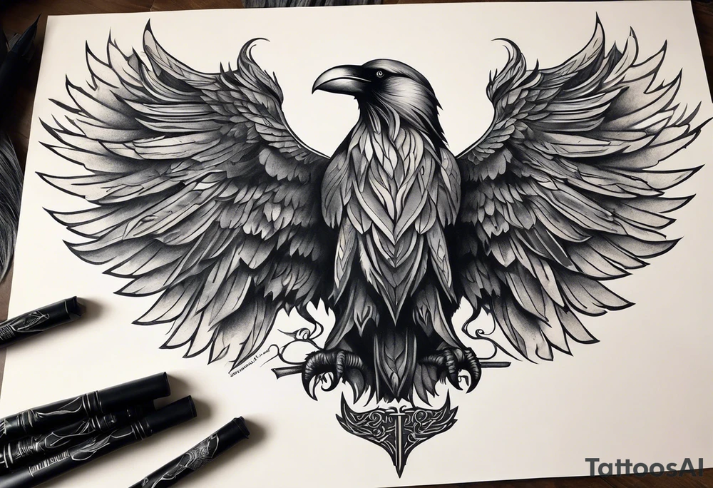 Symbol for Odin down the spine with a raven or two on the upper back or shoulder blades. Realistic or neo traditional style. Soft black and greys with natural skin showing though the art tattoo idea
