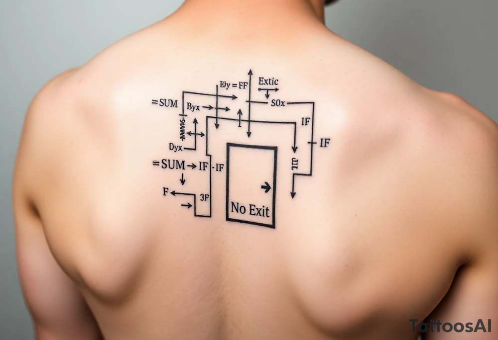 "Rat maze tattoo made of Excel formulas (=SUM, =IF). Exit door says 'No Exit' in Calibri font. Black ink, schematic style." tattoo idea