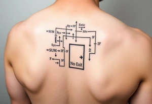 "Rat maze tattoo made of Excel formulas (=SUM, =IF). Exit door says 'No Exit' in Calibri font. Black ink, schematic style." tattoo idea