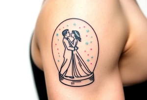 A tender kiss between bride and groom captured inside a glass snow globe, with soft pastel pink and light blue sparkles tattoo idea