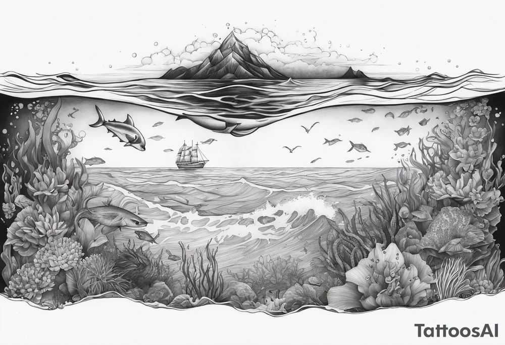 half of my tattoo is underwater and another half is above the ocean tattoo idea