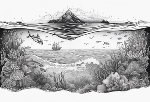 half of my tattoo is underwater and another half is above the ocean tattoo idea