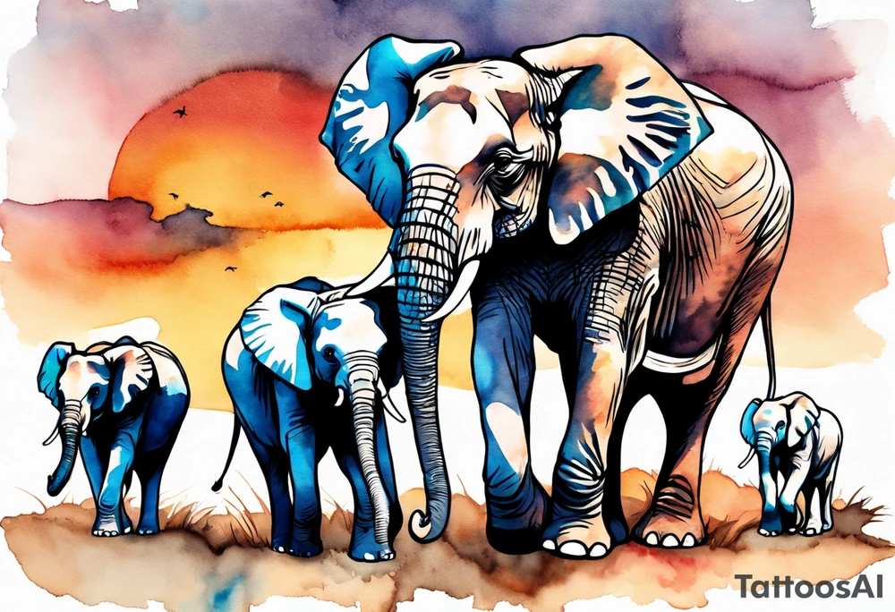family of 6 elephants walking into sunset after one of them has died tattoo idea