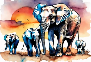 family of 6 elephants walking into sunset after one of them has died tattoo idea