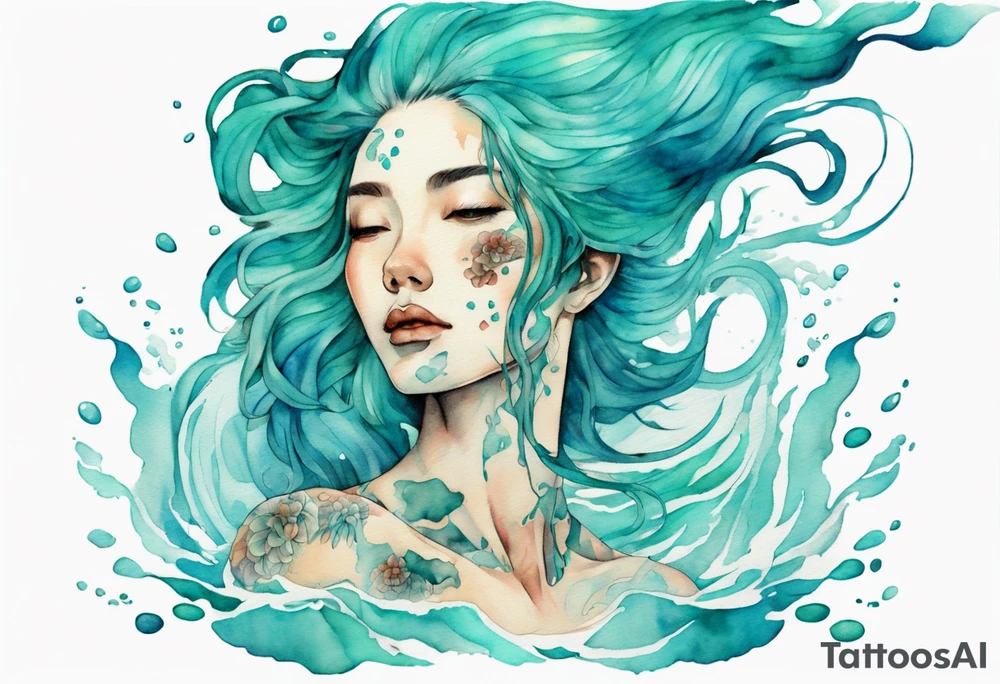 a woman made out of water emerging from the sea, turquoise hair tattoo idea