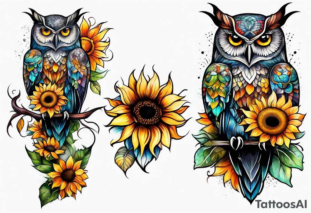 Leg sleeve with colorful sunflowers and an owl tattoo idea