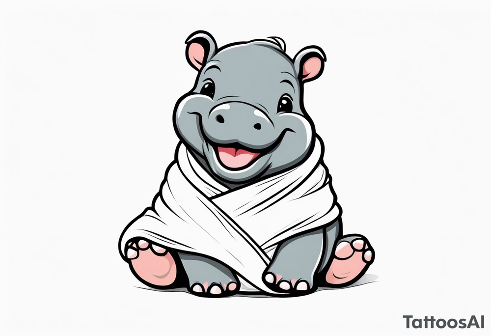 Baby hippopotamus sitting wrapped in a swaddle laughing tattoo idea