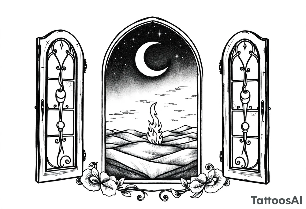 Tall church window with stained glass showcasing crescent moon over a hilly landscape as a fire burns in the distance '


, tattoo idea