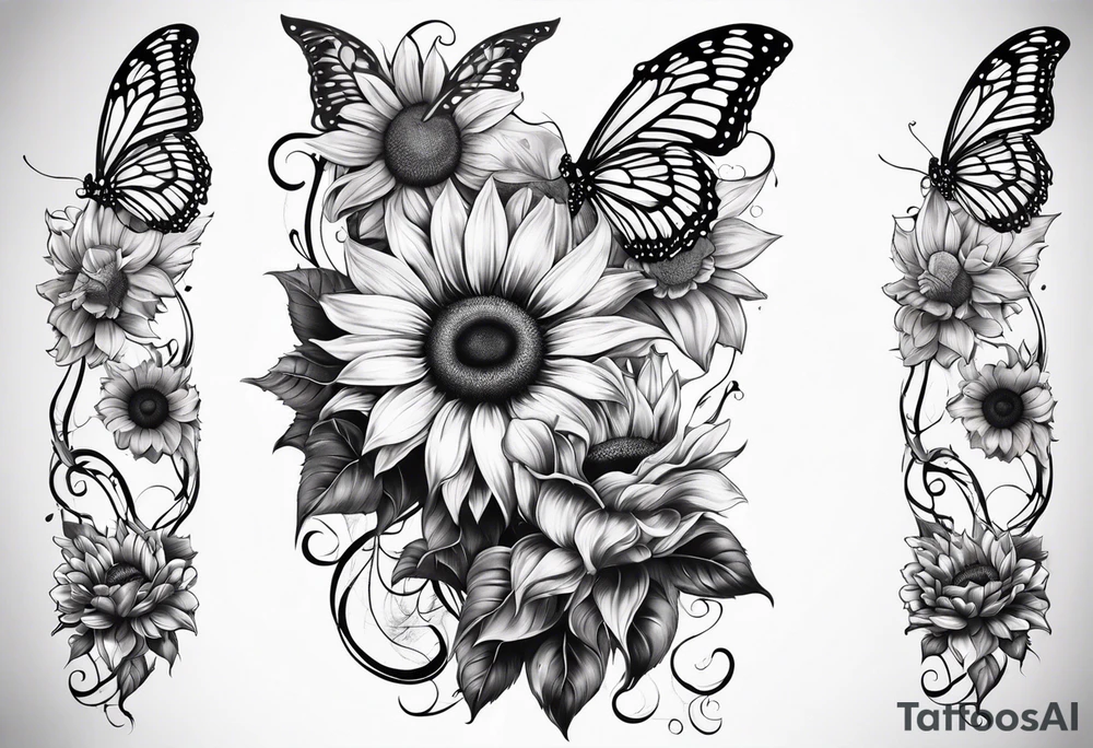 Sunflower and butterfly leg sleeve tattoo idea