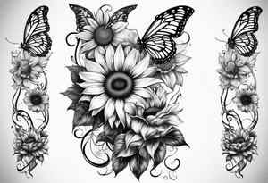 Sunflower and butterfly leg sleeve tattoo idea