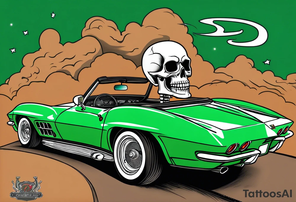 Skeleton smoking a cigarette driving a green 1976 convertible Corvette tattoo idea