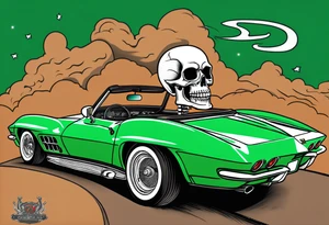 Skeleton smoking a cigarette driving a green 1976 convertible Corvette tattoo idea
